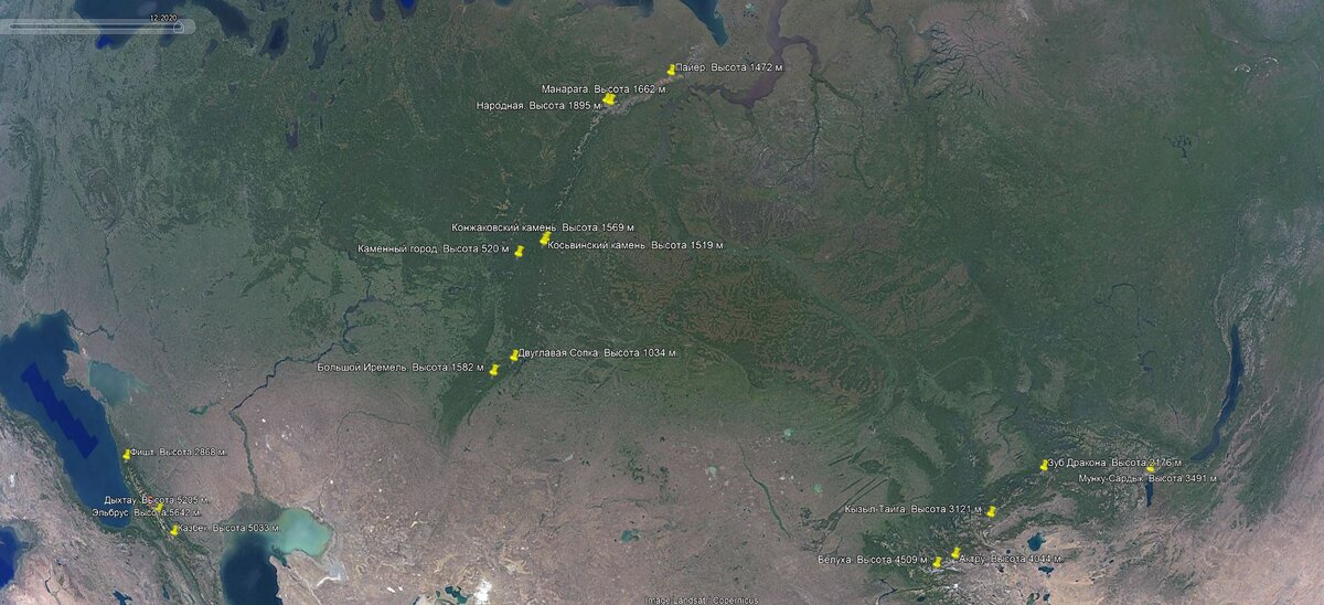 Рисунок. География планируемых восхождений. Приложение Google Earth.