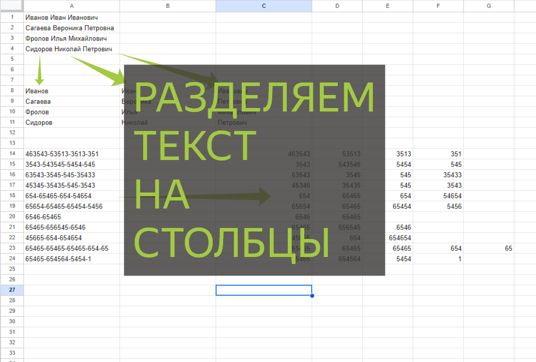 Все по разному вводят данные в таблицы и иногда возникает необходимость по быстрому разделить данные. Часто это используется, когда ФИО нужно разделить на Фамилию имя и отчество.