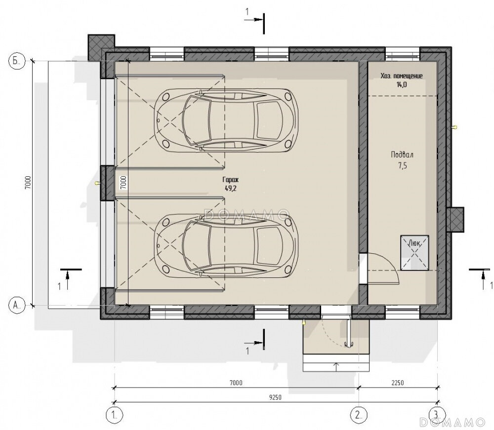 Проект гаража на 2 автомобиля с подвалом и хозяйственным помещением,  площадь 74 кв. м | DOMAMO - проекты домов | Дзен