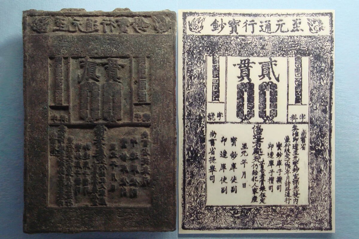 Печатная плата и банкнота, династия Юань, 1287 г. Фотография: PHGCOM, Wikimedia