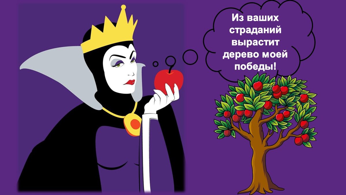 За счёт страданий других чувствует себя уверенным и значимым. Злая мачеха и кадр из мультфильма " Белоснежка и семь гномов".