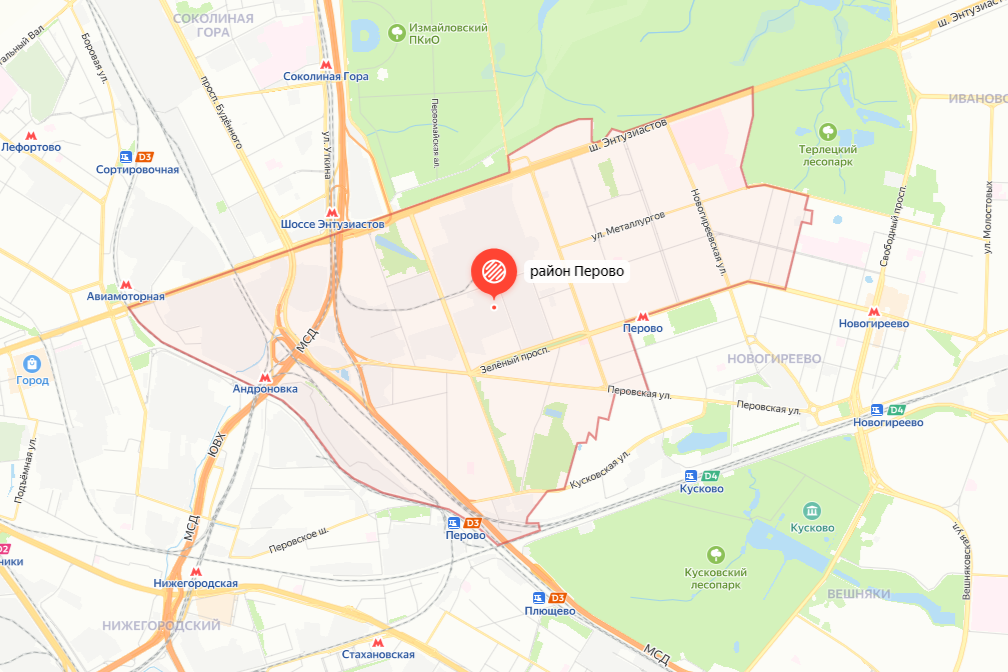 Район Перово на карте Москвы. Источник: Яндекс Карты
