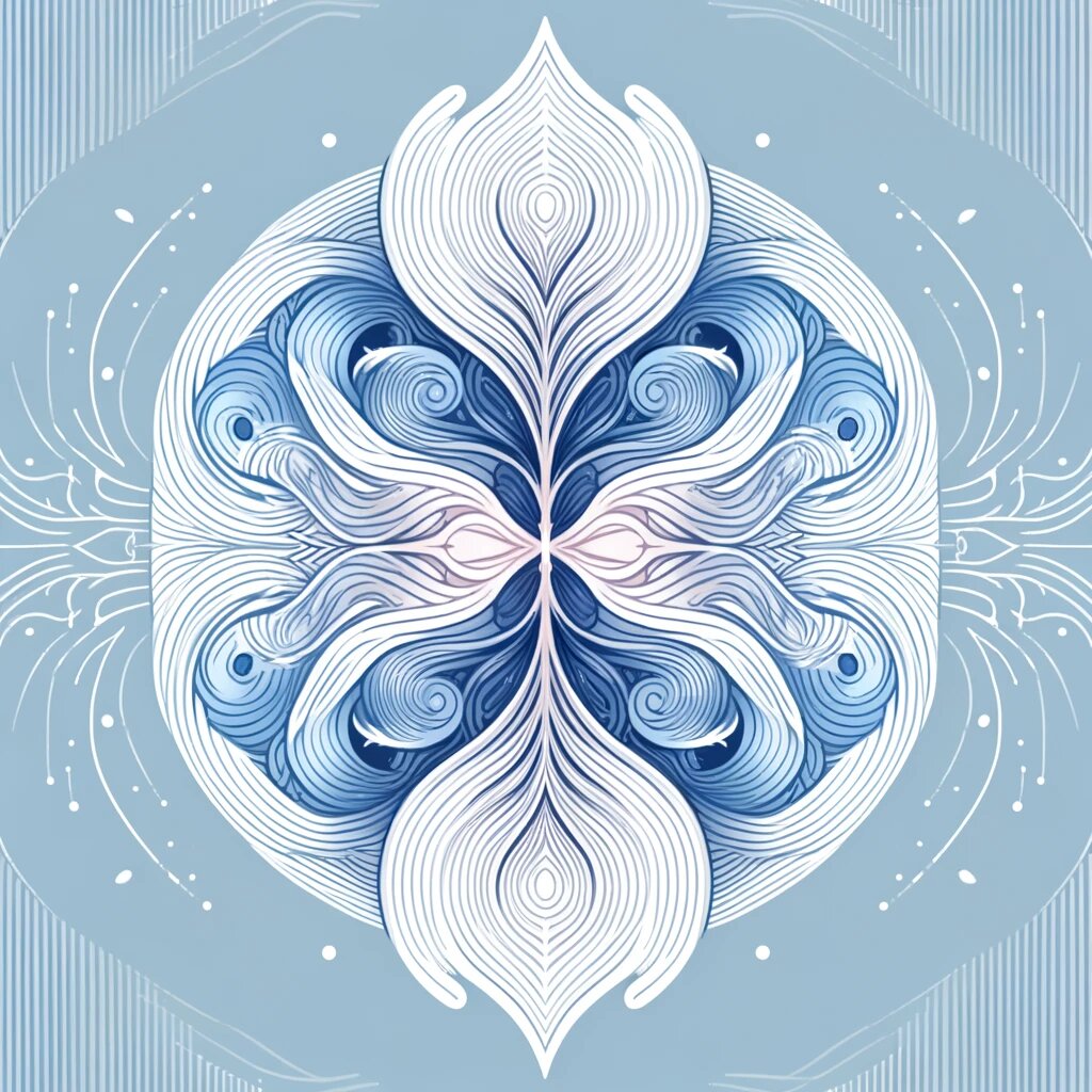Первая картинка Нади Шодхана (Альтернативное Ноздревое Дыхание) - изображение с симметричными узорами и плавными линиями в оттенках синего и белого, символизирующее баланс и гармонию.