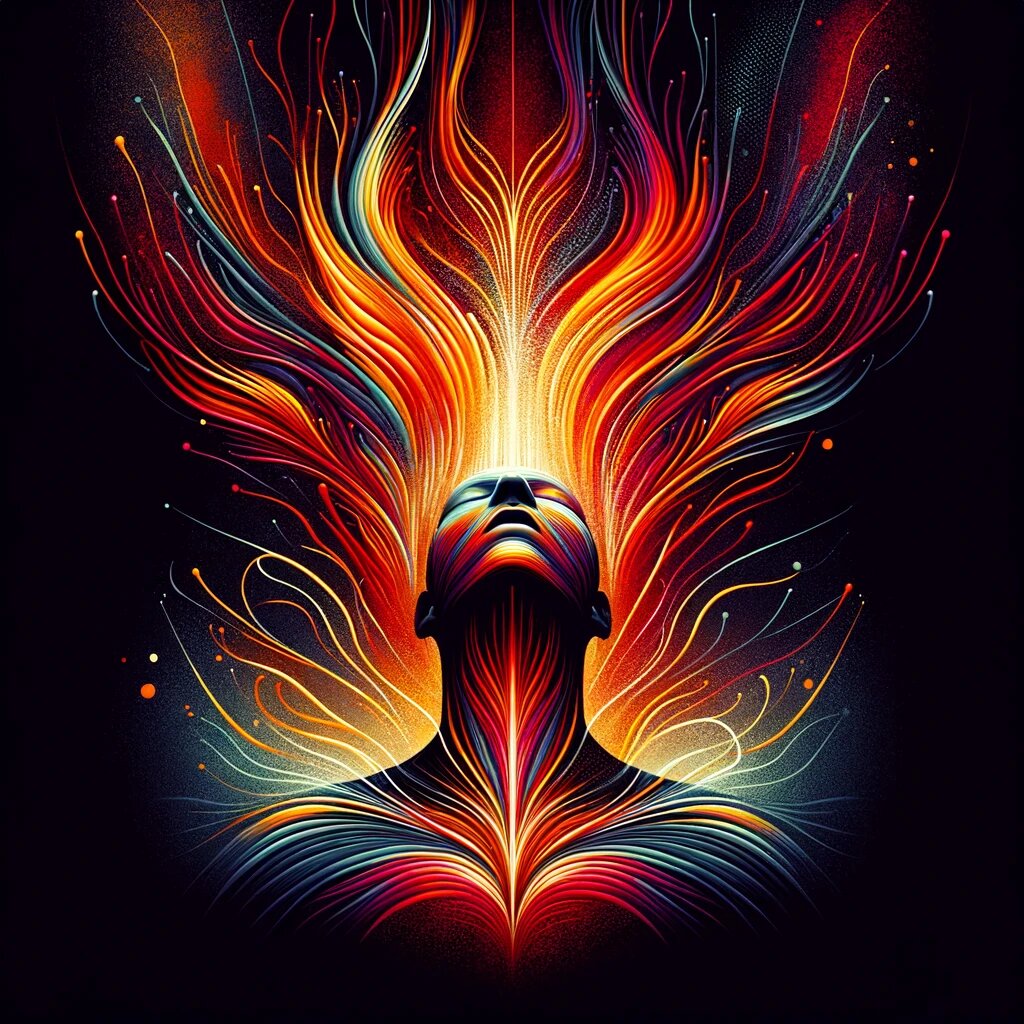 Вторая картинка Капалабхати (Дыхание Огня) - изображение с динамичными, энергичными линиями и яркими вспышками цветов в оттенках красного, оранжевого и желтого, символизирующее мощь и стимуляцию.