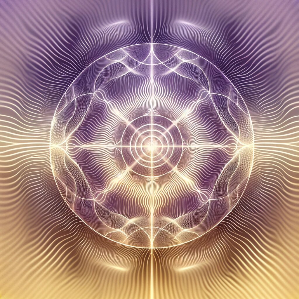 Третья картинка Бхрамари (Дыхание Пчелы) - изображение с мягкими, резонирующими узорами и плавными волнами в оттенках фиолетового и золотого, символизирующее спокойствие и медитативность.
