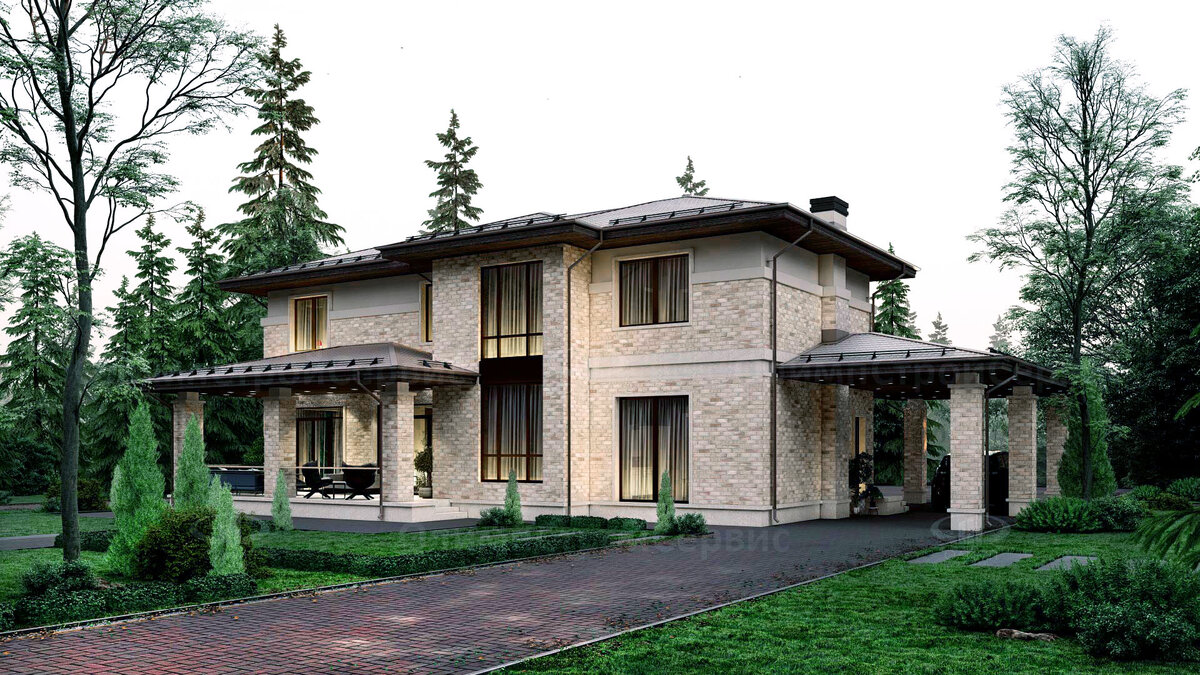 Двухэтажный дом в стиле Райта с четырехскатной крышей.