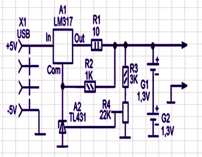 Рис. 1. Схема зарядного устройства для двух пальчиковых аккумуляторов, питание от USB.