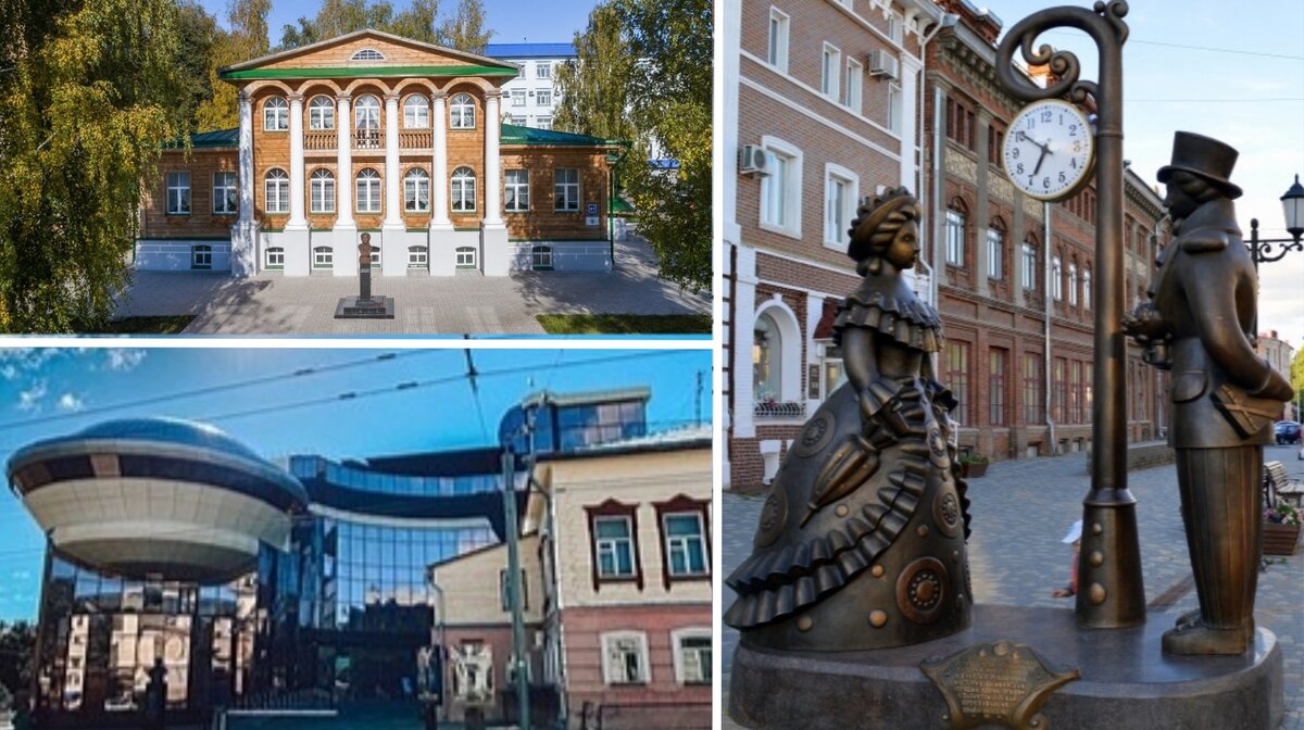 Дом Витберга (вверху), Детский космический центр (внизу) и скульптурная композиция «Место встречи» (справа)