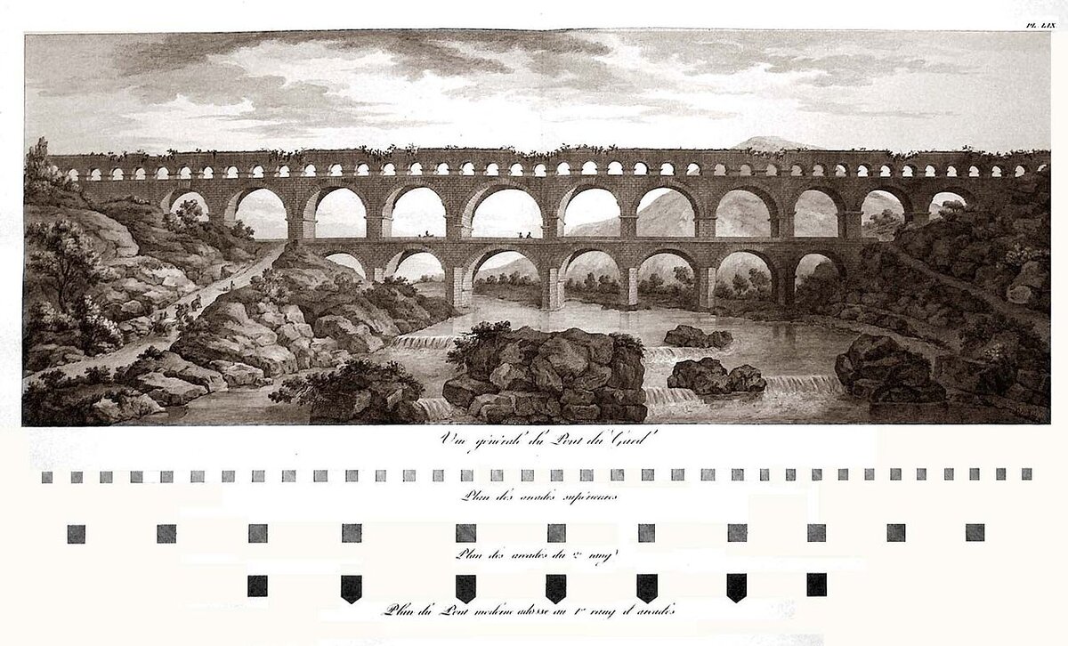 Гравюра Шарля-Луи Клериссо, 1804 года, показывающая удручающее состояние моста. 