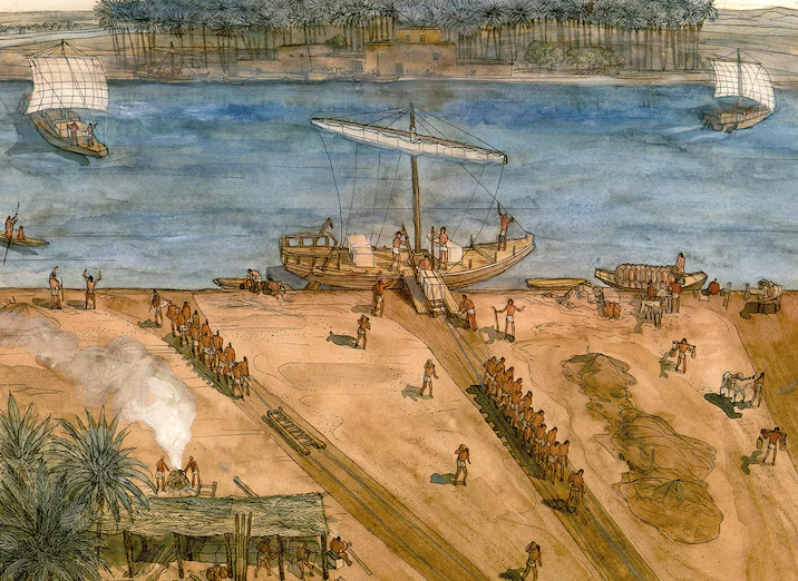 Гавань в Гизе, изображенная на акварели Дж.К. Голвина, была местом, где рабочие разгружали каменные блоки для строительства Великой пирамиды.