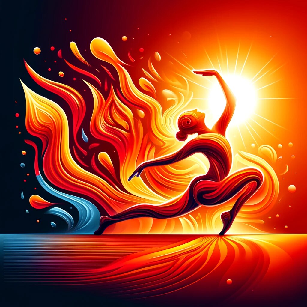 Первое изображение символизирует интенсивность и тепло Бикрам-йоги. Яркие, горячие цвета, такие как красный и оранжевый, с плавными линиями, отражают тепло и движение. Включены элементы, такие как силуэт человека в йогической позе и капли пота, символизирующие интенсивность практики.