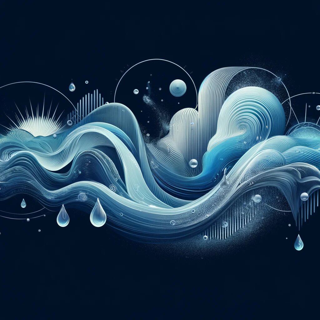 Второе изображение передает концепцию детоксикации и очищения в Бикрам-йоге. Плавные, текучие линии и формы в оттенках синего и белого символизируют воду и очищение. Включены элементы, такие как капли пота и дыхательные волны, отражающие очищение организма и освобождение от токсинов.