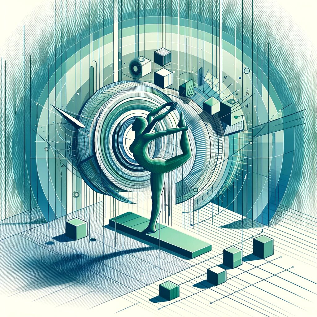 Первое изображение символизирует точность и выравнивание в Айенгар-йоге. Четкие, структурированные линии и формы в оттенках зелёного и синего передают порядок и баланс. Включены элементы, такие как поза йоги с использованием блоков и ремней, отражающие использование пропсов в практике.