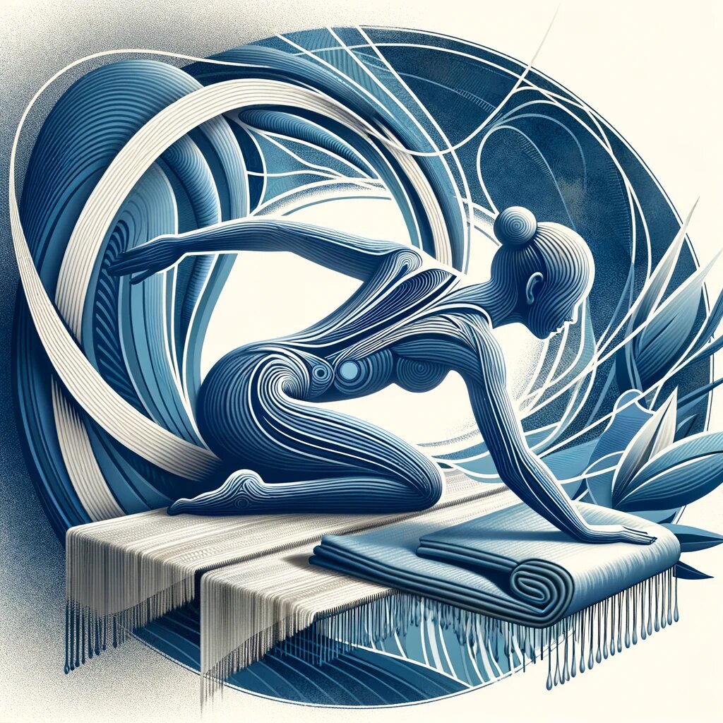 Второе изображение передает концепцию поддержки и адаптации в Айенгар-йоге. Плавные, поддерживающие линии и формы в оттенках голубого и белого символизируют помощь и комфорт. Включены элементы, такие как детализированная поза йоги с использованием одеял и других пропсов, отражающие использование пропсов для адаптации поз.