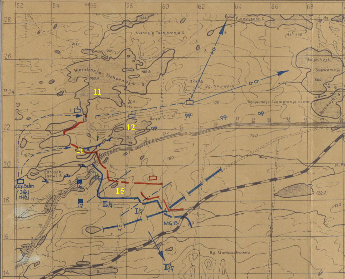 Для наглядности схема дивизии до наступления. Нанесён планируемый охват, который должен быть проведён группой Schreiber [+ номера озёр от автора].
