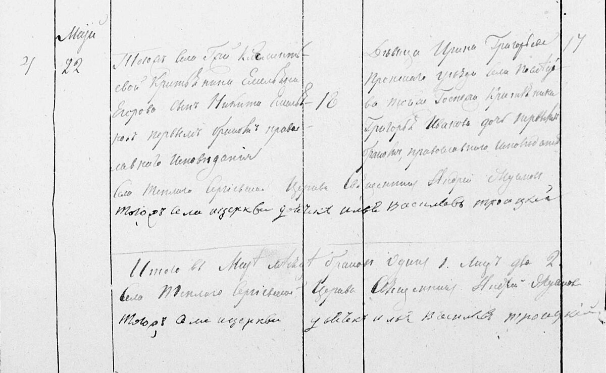 Метрическая запись о браке Никиты Емельянова и Ирины Григорьевны в Сергиевской церкви села Теплого. Тульский архив Ф.3, оп.15,д.436