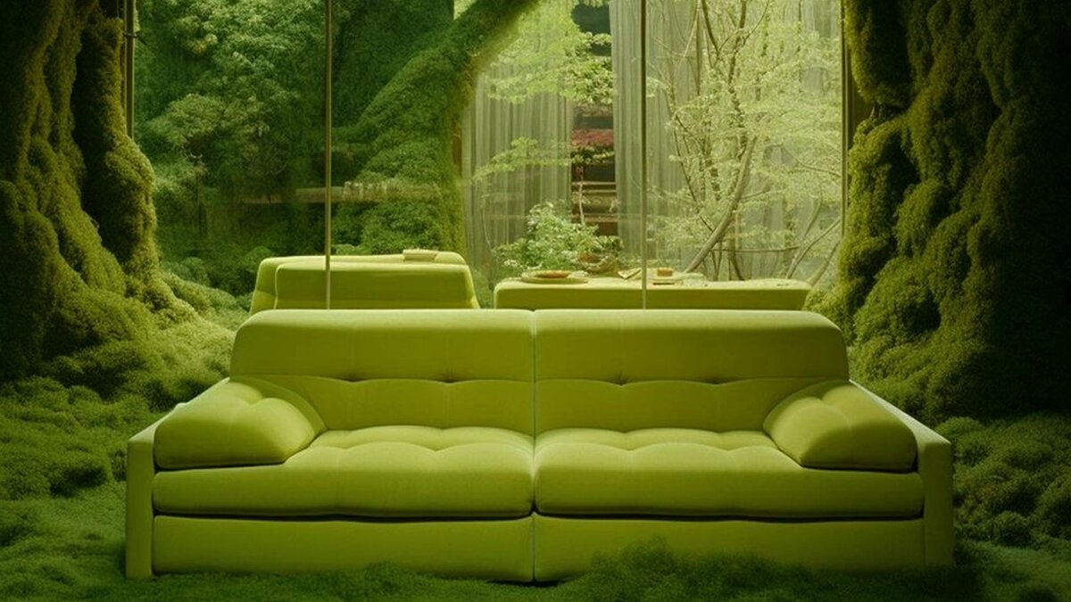 Диван салатного цвета в моховой комнате