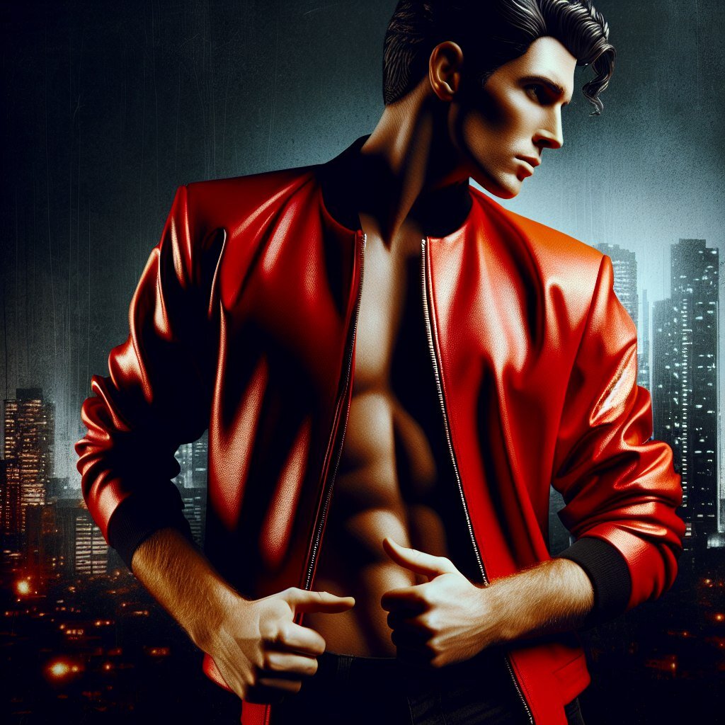 Изображение альбома "Thriller" с известным фото Майкла в красной куртке. Фото создано с помощью ИИ.