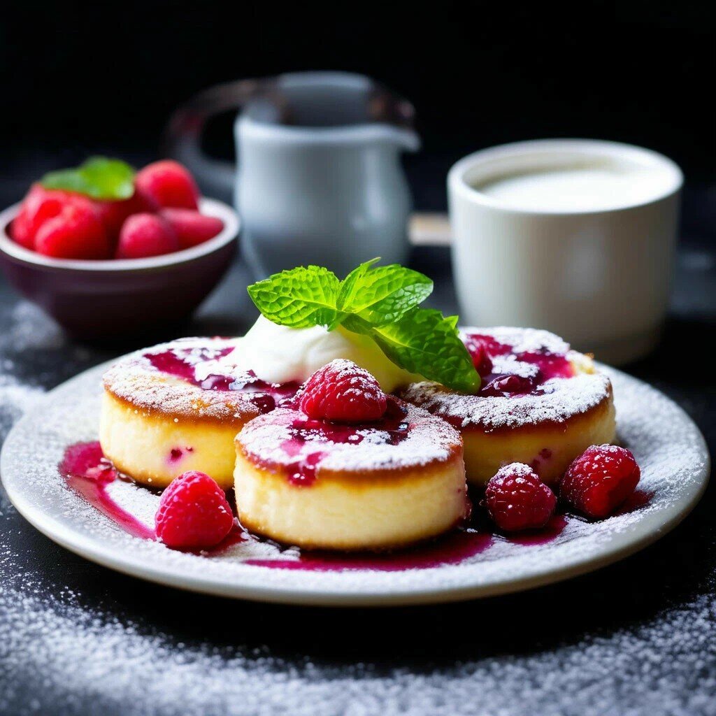 Нежные пышные сырники со сметаной, джемом и свежей малиной