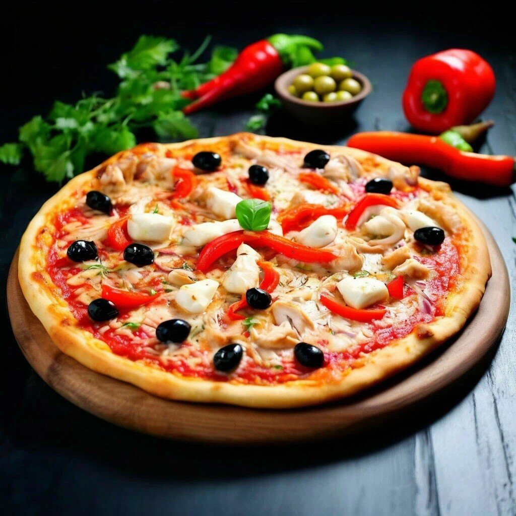 Пицца "Аррива" с курицей и домашним томатным соусом из свежих помидор. Вариант подачи.