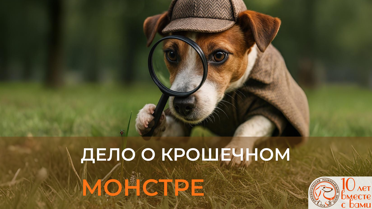 Юмористическая иллюстрация для статьи о защите от клещей: собака породы джек-рассел-терьер в образе детектива с лупой изучает клеща на травинке. Изображение: DogSelf.