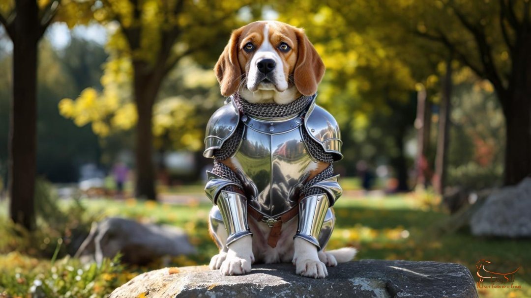 Сатирическая метафора защиты питомца от клещей: собака породы бигль в блестящих рыцарских доспехах сидит на камне в городском парке. Изображение: DogSelf.