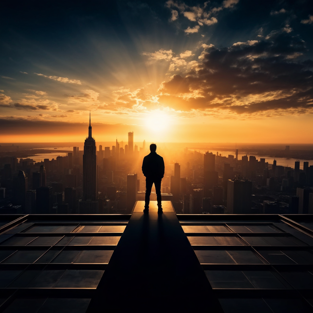 silhouetted figure standing atop a skyscraper during the magic hour, cityscape stretching into the horizon, underexposed to enhance contrast, drawing in chiaroscuro style, dramatic lighting