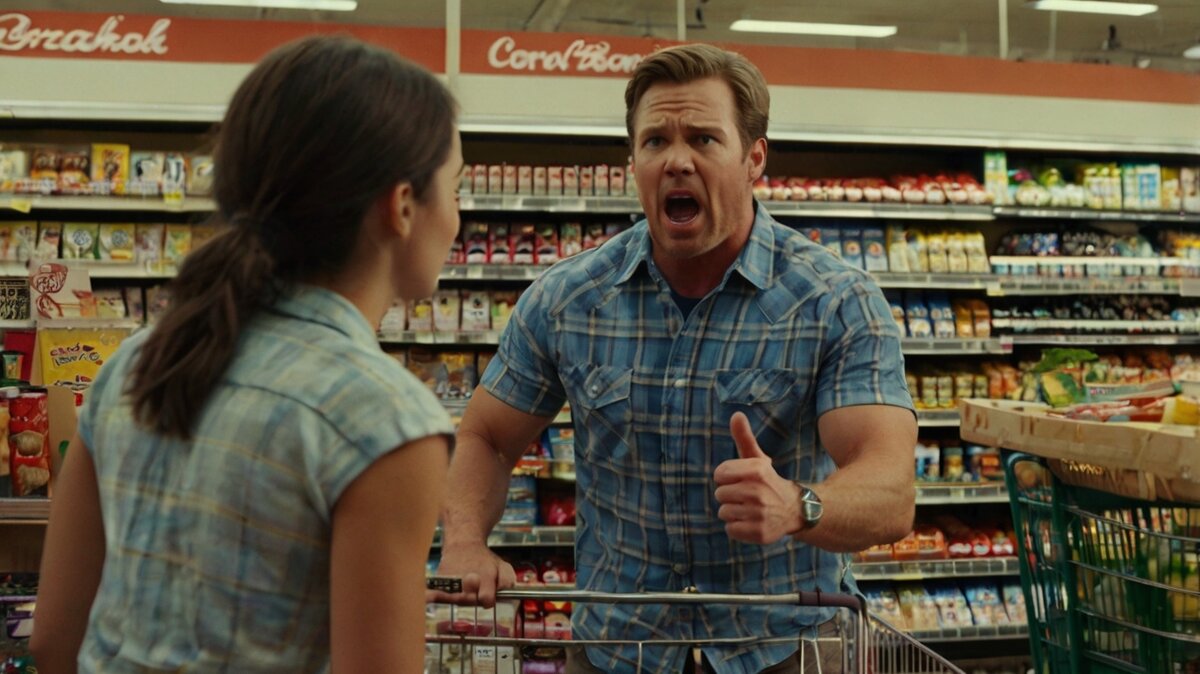 Здоровенный бугай нападает на худенькую девушку в магазине.