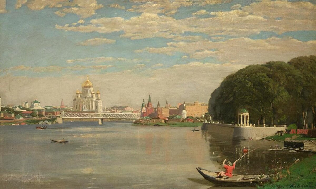   А.М. Васнецов. Вид на храм Христа Спасителя, Крымский мост и Кремль со стороны Нескучного сада. 1878 год, государственный научно-исследовательский музей архитектуры имени А.В.Щусева