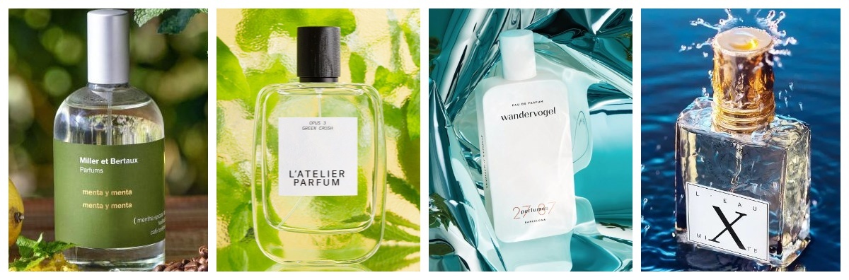 Слева направо: Menta Miller et Bertaux Menta, Green Crush L'Atelier Parfum, Wandervogel 27 87, Nicolai Parfumeur Createur L'Eau Mixte Perfumes. 
