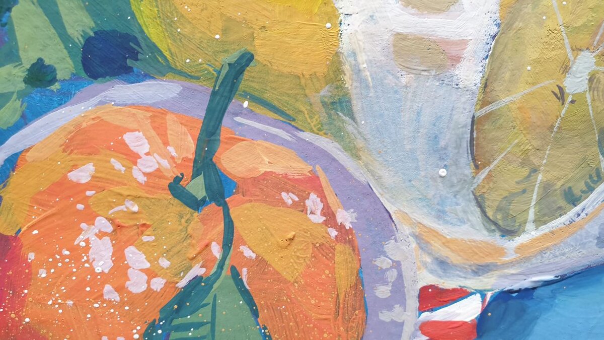 Художник Анна Хопта.  Фрукты/деталь гуашью из урока "Цитрусы". Листайте галерею >>>