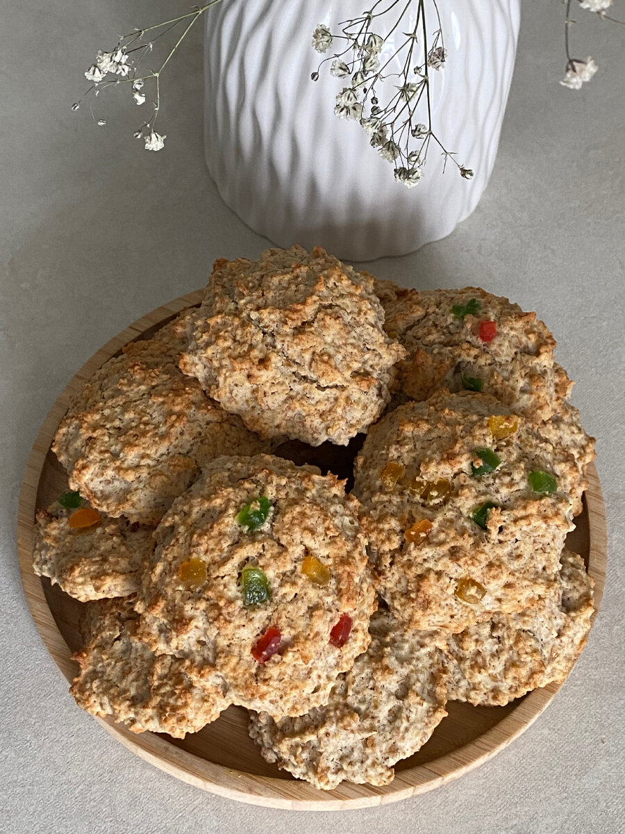 🍪150 гр овсяных хлопьев
🍪100 гр муки пшеничной (или рисовой)
🍪2 яйца
🍪70-100 гр сахара
🍪1 банан
🍪0,5 ч.л. соды или 1 ч.л. разрыхлителя
🍪70 гр. масла сливочного 

Поехали:

Овсяные хлопья измельчаем в блендере, банан разминаем вилкой, масло топим.

Яйца смешиваем с сахаром, добавляем банан, масло сливочное, перемешиваем и следом добавляем  измельченные овсяные хлопья- опять перемешиваем, затем пшеничную муку и соду (разрыхлитель) 
Тут уже тщательно перемешиваем 😅

Выкладываем на противень столовой ложкой.
Выпекаем при 180 гр до румяности (20-30 мин)

Я добавила цукаты. Так же можно добавить изюм, заранее залить его кипятком, или термо шоколадные капли 😋