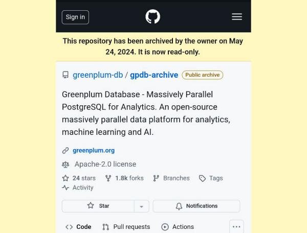 Стра­ница Greenplum Database в ре­пози­тории GitHub 24 мая2024 г. прев­ра­тилась в па­мят­ник