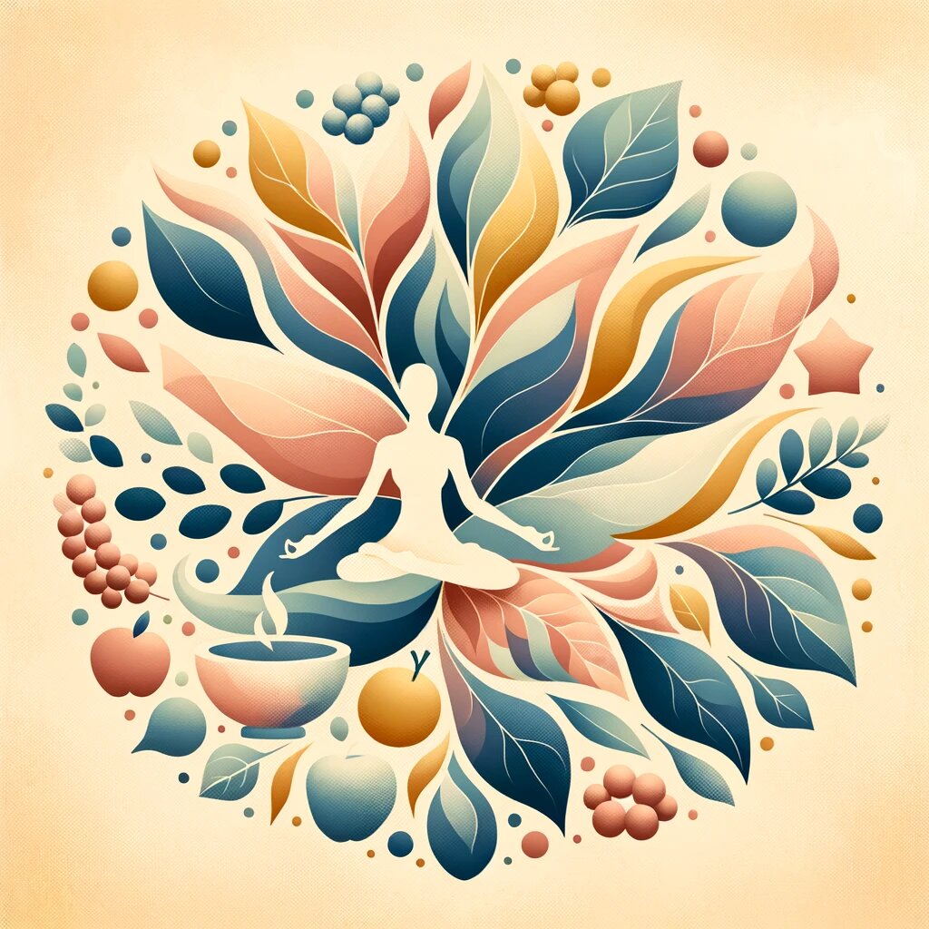 Первое изображение символизирует связь между йогой и осознанным питанием. Мягкие, гармоничные цвета и формы изображают элементы йоги и еды, такие как листья, фрукты и силуэты в йогических позах, символизирующие здоровье и гармонию.