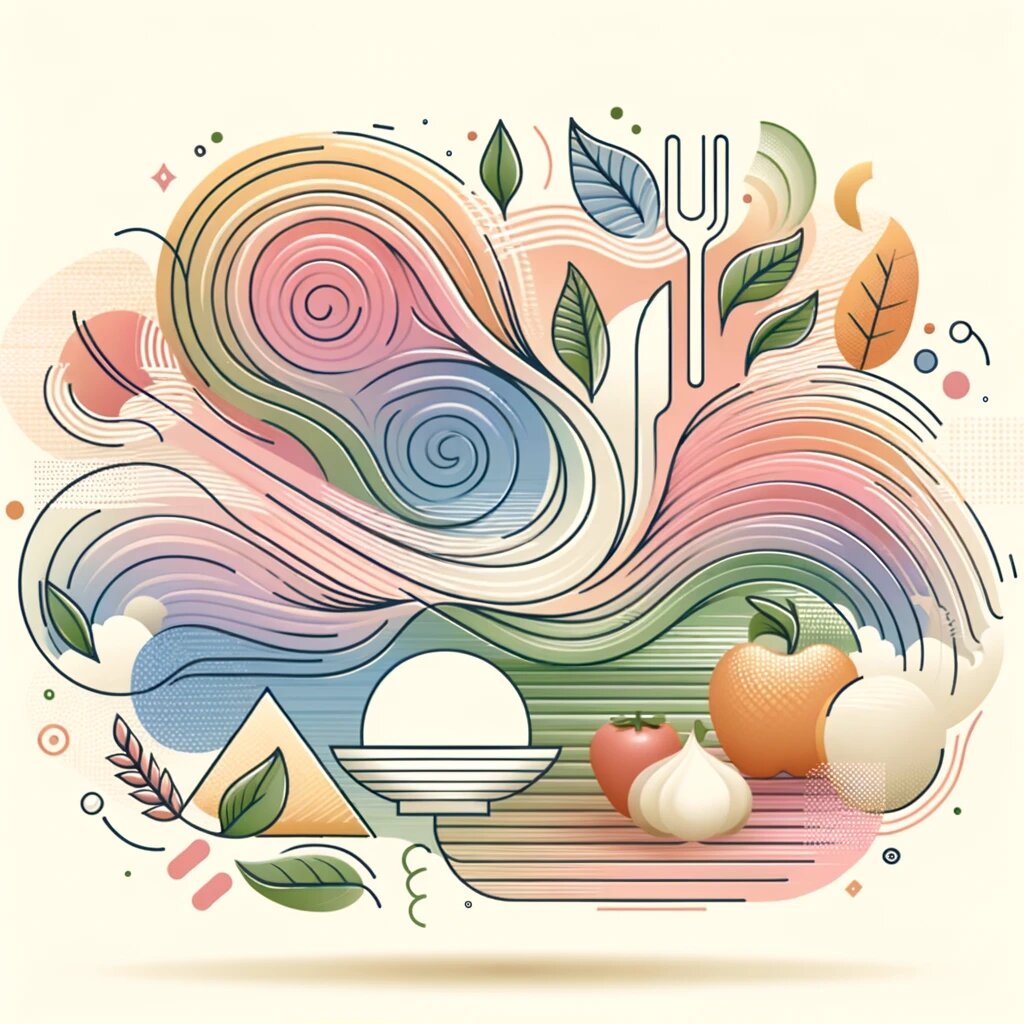 Второе изображение передает концепцию осознанного питания и его влияние на здоровье. Плавные, обтекаемые линии и формы в пастельных оттенках, с элементами, такими как тарелки, вилки, ложки и натуральные продукты, изображают осознанность и внимание к еде.