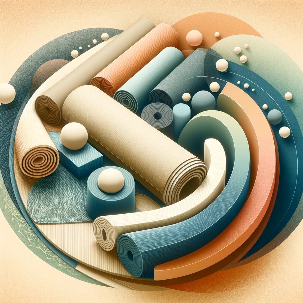 Первое изображение символизирует выбор идеального коврика для йоги. Мягкие, гармоничные цвета и формы изображают различные типы ковриков, их текстуры и материалы, символизирующие комфорт и стабильность.