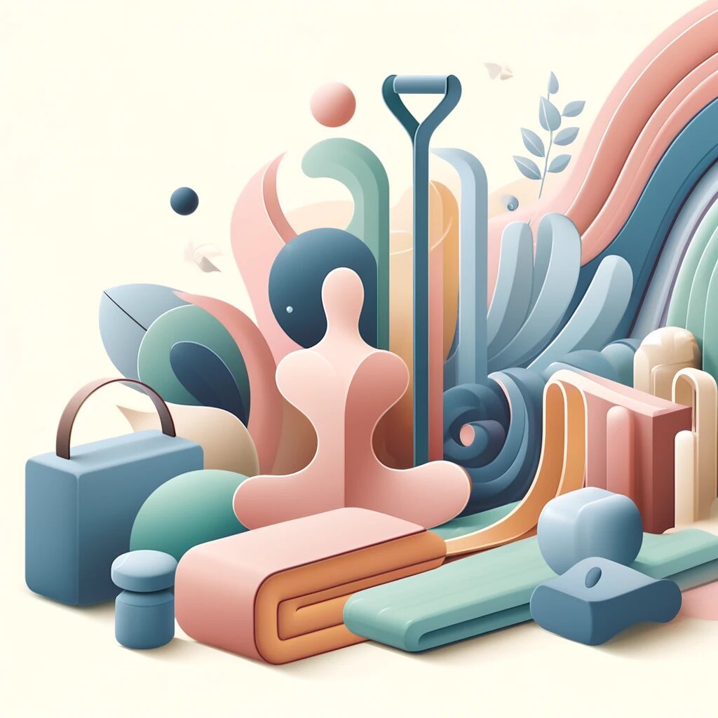 Второе изображение передает концепцию использования аксессуаров для йоги. Плавные, обтекаемые линии и формы в пастельных оттенках, с элементами, такими как блоки, ремни, одеяла и болстеры, изображают поддержку и комфорт в практике йоги.