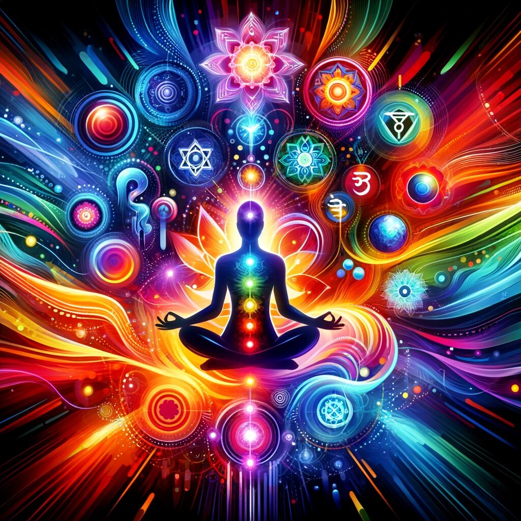 Первое изображение, символизирующее взаимосвязь медитации и йоги. Живые, энергичные цвета и динамичные формы изображают медитирующего человека в окружении йогических элементов, таких как асаны и чакры, символизирующие гармонию и внутренний покой.