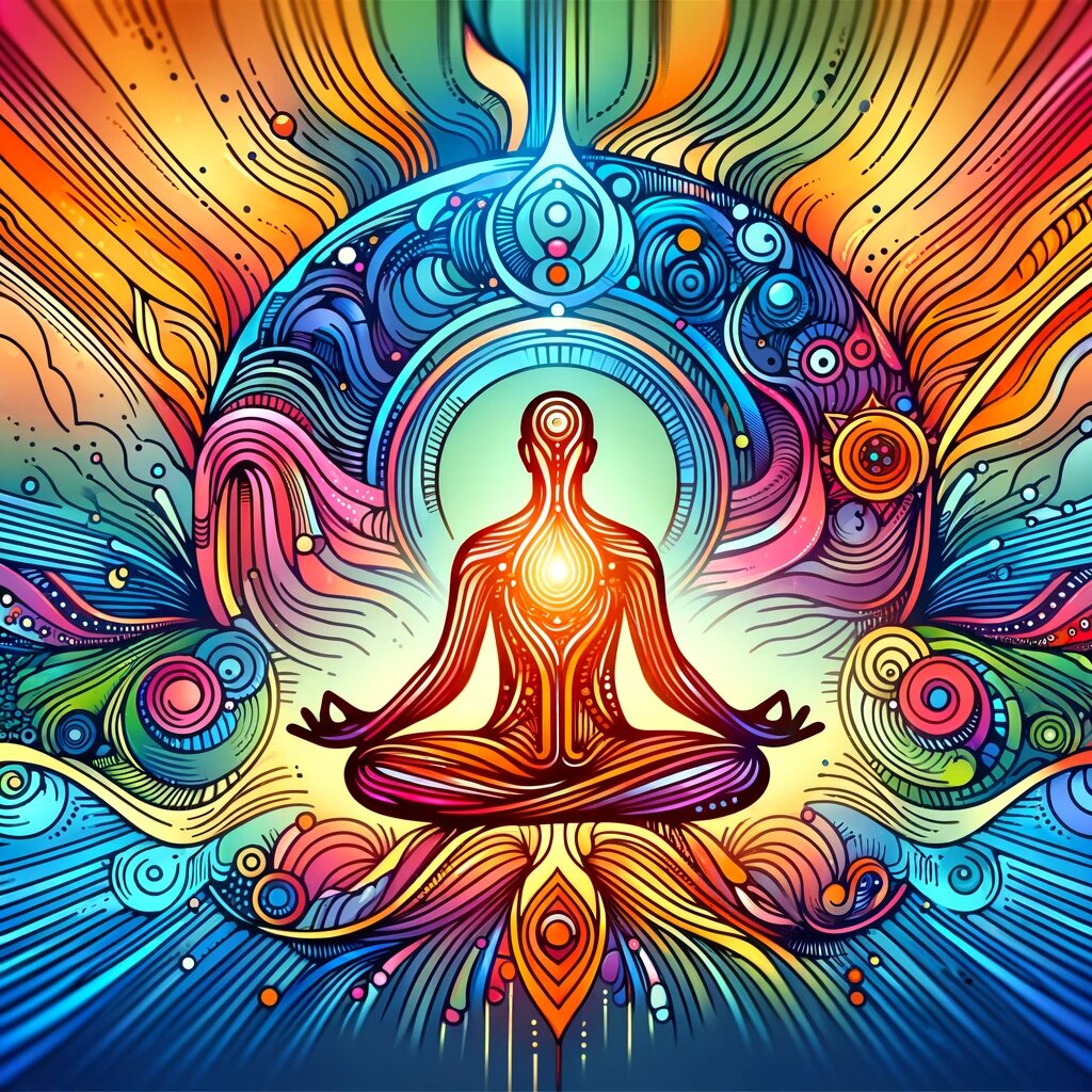 Втророе изображение, передающее концепцию практики медитации после йоги. Живые, энергичные линии и формы изображают медитирующего человека в спокойной, умиротворенной обстановке, символизирующей глубокое расслабление и осознанность.