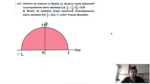 №1011. Ответьте на вопросы- а) Может ли абсцисса точки единичной полуокружности иметь значения 0,3