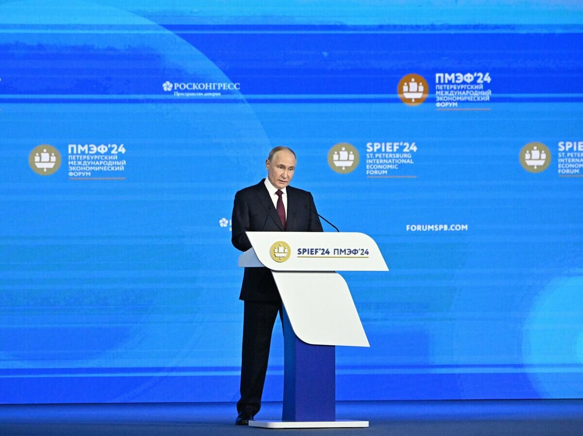    Президент России Владимир Путин выступает на пленарном заседании Петербургского международного экономического форума© РИА Новости / Сергей Бобылев