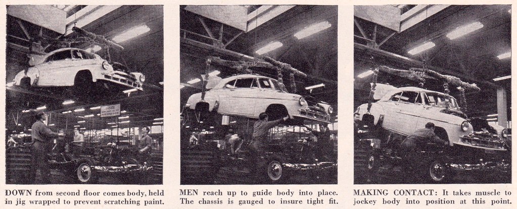 Подборка фотографий, раскрывающая сходства и различия в организации сборки автомобилей на заводе GM Flint Assembly и Горьковском автозаводе в 1940-х - 1950-х годах.-2
