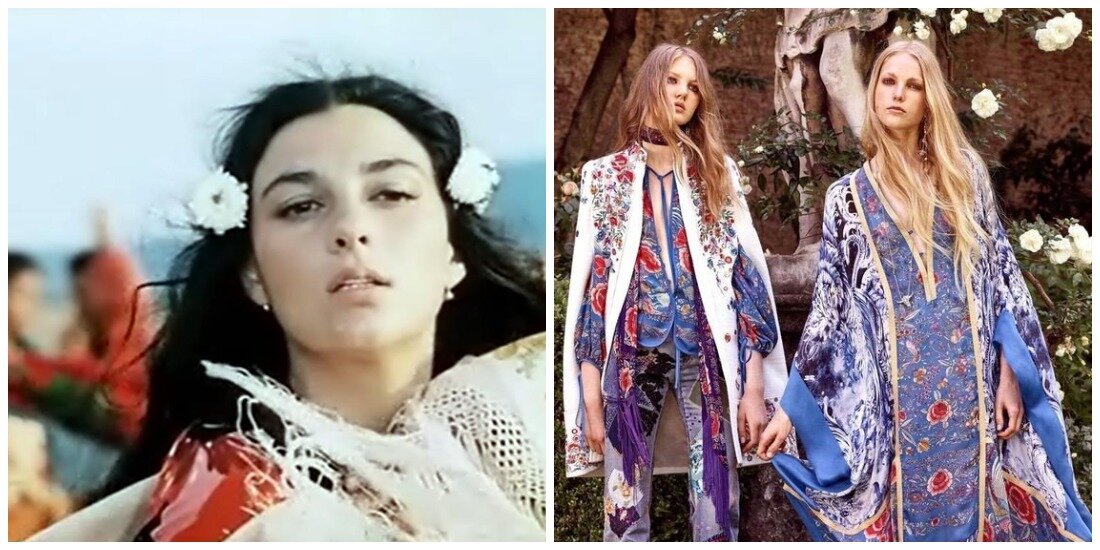 1. Кадр из фильма "Табор уходит в небо" 1975. Roberto Cavalli SS 2017. Иллюстрации взяты из открытых источников в сети. Коллажи авторские.