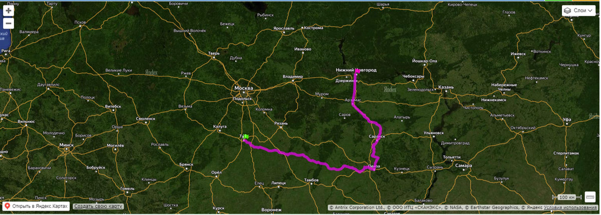 Маршрут беспересадочных вагонов Минск - Нижний Новногод № 149 от Тулы до конечной