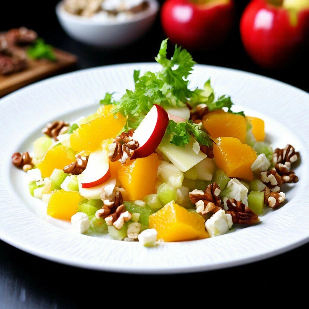 Вариант подачи салата из яблок, апельсина и сельдерея, с сыром и грецким орехом