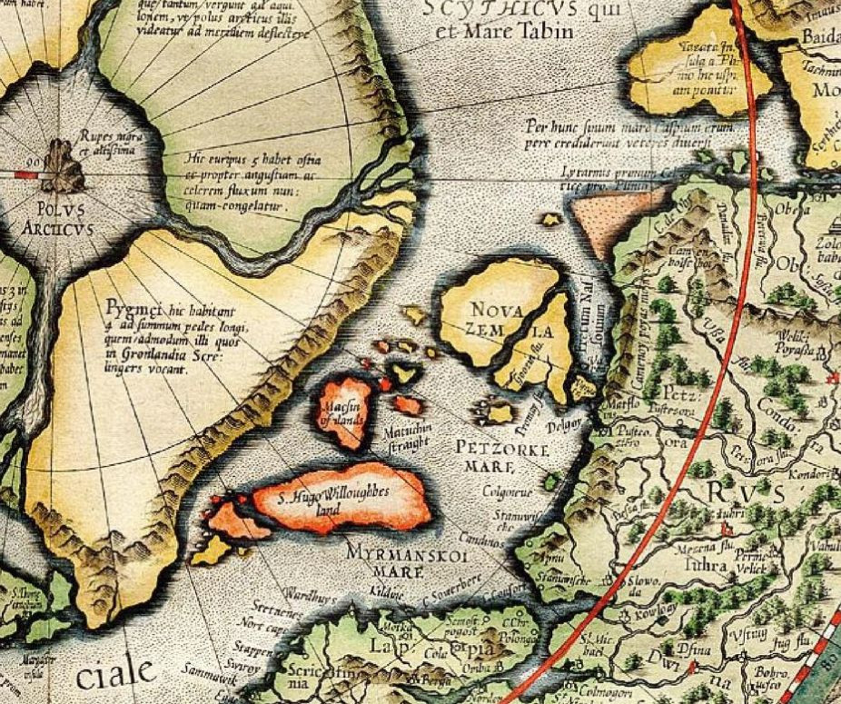 Фрагмент карты Polus Arcticus из атласа Atlas Sive Cosmographicae Meditationes de Fabrica Mundi et Fabricati Figura Румольда Меркатора передает русское представление о географии архипелага в конце XVI века. 1595 год. Библиотека конгресса США https://archi