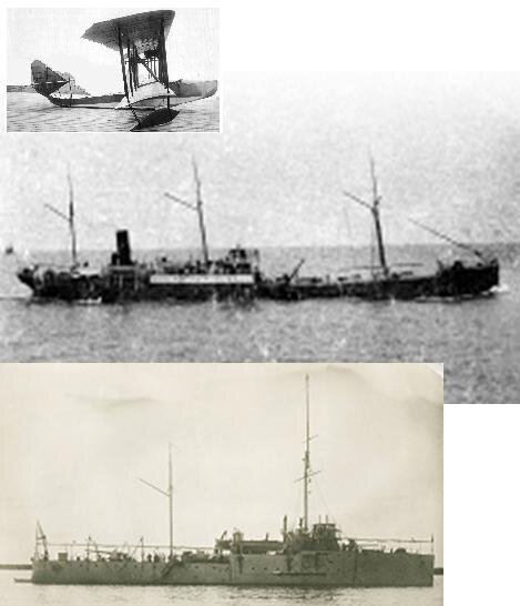 Канонерская лодка "Ардаган". Паровая нефтяная шхуна. Гидроаэроплан М-5 (коллаж из открытых источников Internet).
