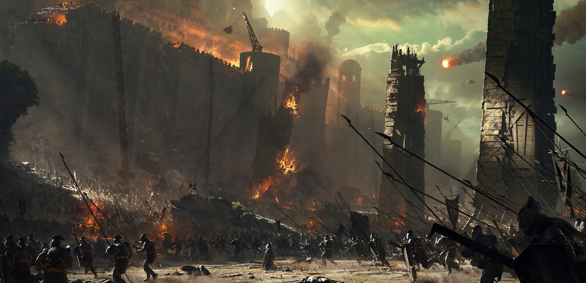Действие летающего огня при осаде крепости. Источник изображения: https://cdnb.artstation.com/p/assets/images/images/067/374/399/large/baptiste-forey-baptiste-forey-cocnept-art-illustration-matte-painting-lord-of-the-ring-isengard-uruk-battle-siege-fortress-gondor.jpg?1695218387
