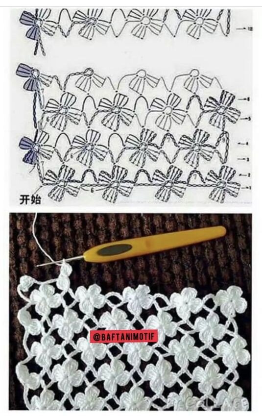 Цветочный узор крючком. Схема вязания. Источник фото Pinterest.