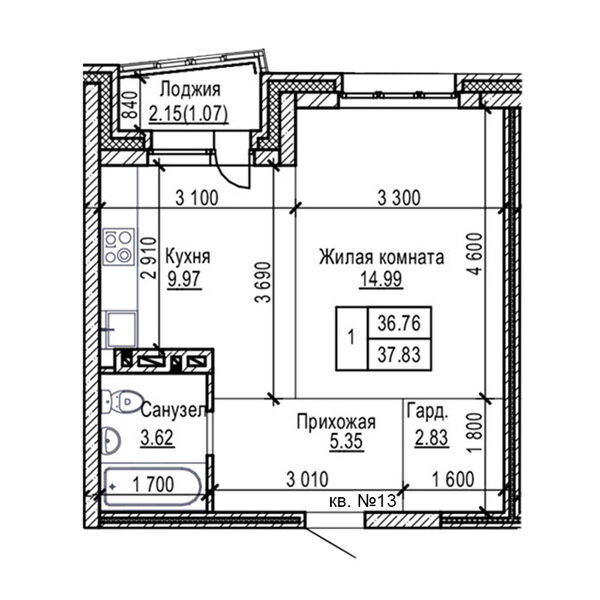 ЖК "Реновация. 1-комнатная квартира 37 м². Планировка с сайта застройщика